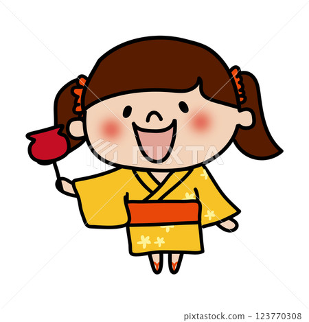 A child (girl) wearing a yukata holding a candy apple 123770308
