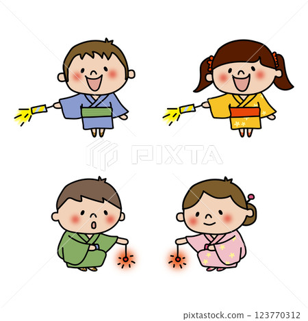 Children in yukata playing fireworks set 123770312