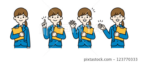 Vector illustration set of a smiling woman looking for a job, holding documents and materials_Line width can be edited_Color 123770333
