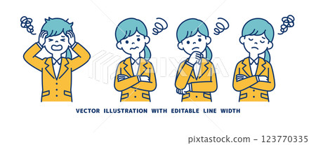 A vector illustration set of a woman wearing a recruitment suit who is worried, confused, or troubled_Line width can be edited 123770335