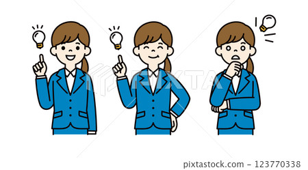 Vector illustration set of a woman on a job hunt who has an idea, notices something, and solves a problem_Line width can be edited_Color 123770338