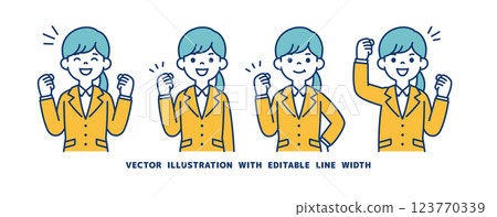 Vector illustration set of a woman in a recruitment suit doing a fist pump_Line width can be edited Vector illustration set of a woman in a recruitment suit doing a fist pump_Line width can be edited 123770339