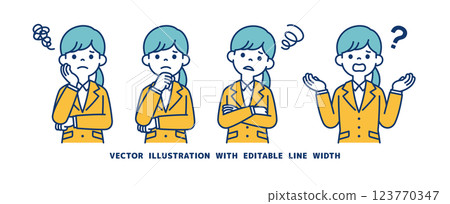 Worried, troubled, thinking, vector illustration material set of a woman wearing a recruitment suit_Line width can be edited 123770347