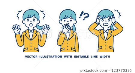 Vector illustration set of a woman in a recruitment suit who is surprised or shocked_Line width can be edited Vector illustration set of a woman in a recruitment suit who is surprised or shocked_Line width can be edited 123770355