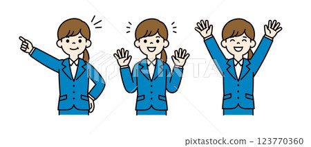 Vector illustration set of a woman looking for a job, happy, aiming, cheering, _ Line width can be edited _ Color Vector illustration set of a woman looking for a job, happy, aiming, cheering, _ Line width can be edited _ Color 123770360