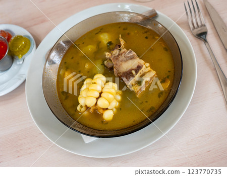 Sancocho - soup with pieces of veal, traditional for Latin American countries. Dominican cuisine 123770735