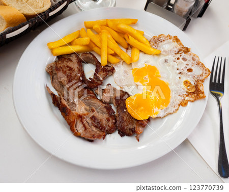 Veal with eggs and potatoes on a plate Veal with eggs and potatoes on a plate 123770739