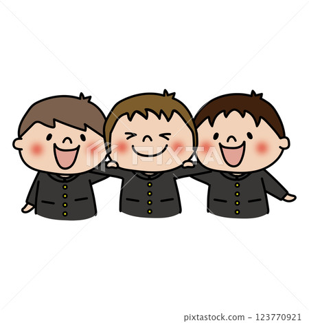 Boys wearing school uniforms and putting their arms around each other's shoulders 123770921