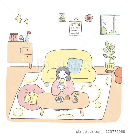 A woman relaxing in the room A woman relaxing in the room 123770968