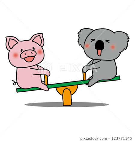 Pig and koala playing on a seesaw 123771140