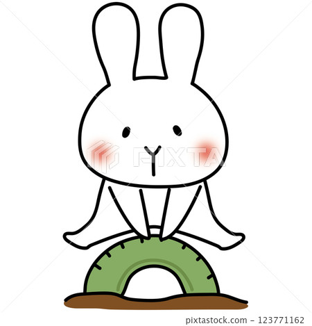 公園裡一隻白兔在玩輪胎跳繩 123771162