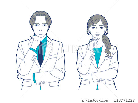 A man and a woman in white coats thinking with their hands on their chins 123771228