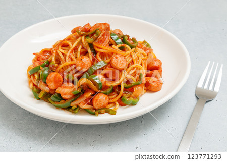 Neapolitan spaghetti and fork 123771293