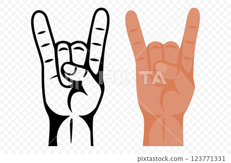 Rock Hand Gesture Vector Set. Horns Sign Hand Symbol, Outline, Colored Style. Heavy Metal, Rock and Roll, Music Festival Symbol. Hand Sign Illustration for Concerts, Bands, Alternative Culture Design 123771331