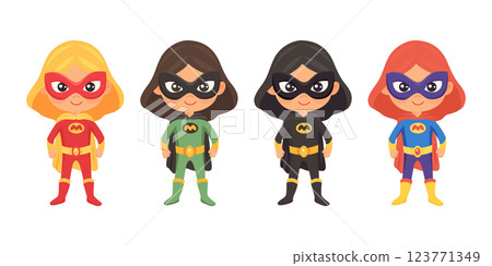Cute Superhero Girls in Different Color Costumes Set. Flat Cartoon Vector Illustration of Female Superheroes with Masks, Capes, Belts in Red, Green, Black, Blue Outfits. Kids Superhero Characters 123771349