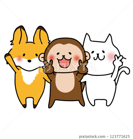 一隻狐狸、一隻猴子和一隻白貓擺姿勢拍照 123771625