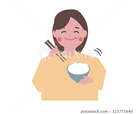 一名婦女津津有味地吃著米飯。飯碗，筷子。向量插圖 123771640