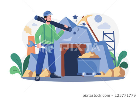 Miner Character Holding Wrench And Plastic Pipe Miner Character Holding Wrench And Plastic Pipe 123771779