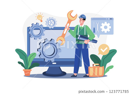 Mechanic Character Holding Wrench And Plastic Pipe 123771785