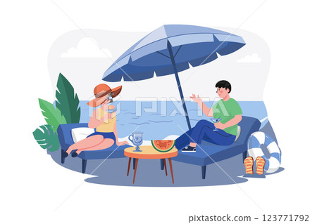 Man And Woman Lying On Beach Lounge And Drinking Cocktail 123771792