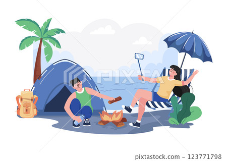 People Camping On The Beach Illustration concept. A flat illustration isolated on white background 123771798