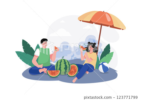 People Eating Melon Illustration concept. A flat illustration isolated on white background 123771799