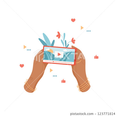 Hands hold a phone displaying a video app on the screen. The user shares media content through mobile device in social context. People interact with technology, using flat visual style ideal for 123771814