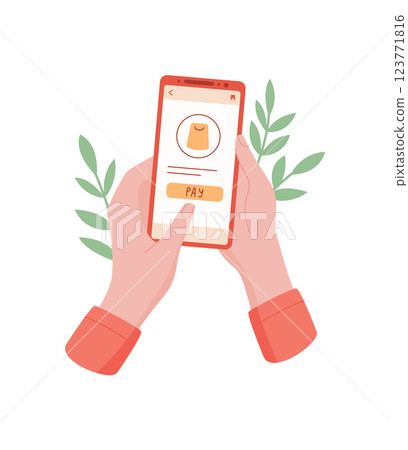 Hands hold a smartphone for payment. A user interacts with an app on the phone screen. The image emphasizes a persons use of technology for online product sale, simple and modern, ideal ecommerce 123771816
