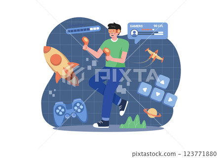 Boy Playing VR Game Illustration concept. A flat illustration isolated on white background 123771880