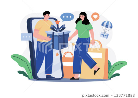Women Getting Online Gifts Illustration concept. A flat illustration isolated on white background 123771888
