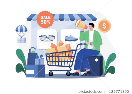 Online Sale Announcement Illustration concept. A flat illustration isolated on white background 123771890