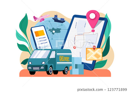 Delivery Tracking App Illustration concept. A flat illustration isolated on white background Delivery Tracking App Illustration concept. A flat illustration isolated on white background 123771899