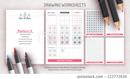 How to Draw a Pattern. Step by Step Drawing Tutorial. Draw Guide Worksheet. Simple Instruction for Kids and Adults 123772630