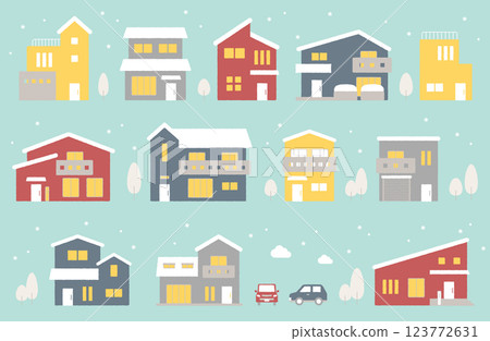 Winter residential building vector illustration set Simple cute house residential area 123772631