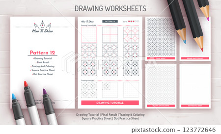 How to Draw a Pattern. Step by Step Drawing Tutorial. Draw Guide Worksheet. Simple Instruction for Kids and Adults 123772646