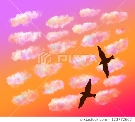 兩隻鳥在日落天空中飛過沙丁魚雲 123772663