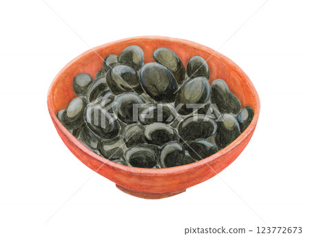 紅碗中黑豆的水彩插圖 123772673
