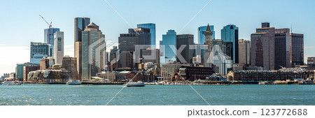 View of Boston skyline and skyscrapers in February winter seen from Piers Park in Boston, MA 123772688