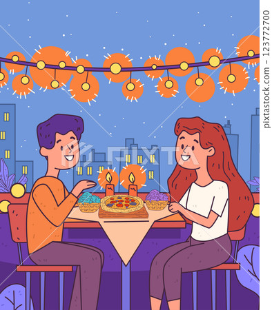 Couple romantic dinner rooftop setting night. Smiling pair enjoying meal under string lights with city skyline background colorful elements and candles 123772700