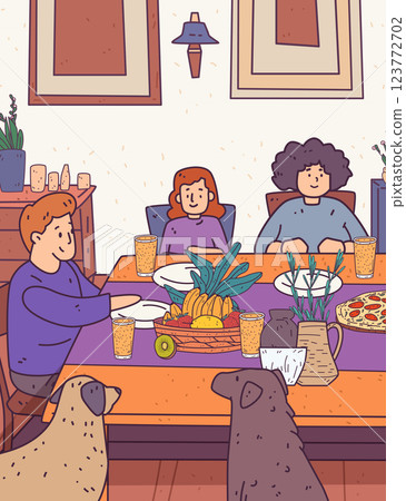Family dining table gathering people enjoying meal colorful fruits pizza drinks cozy room decor playful dogs home setting Family dining table gathering people enjoying meal colorful fruits pizza drinks cozy room decor playful dogs home setting 123772702