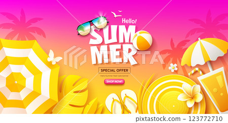 Summer sale, yellow tropical holiday concept, purple and yellow banner design 123772710
