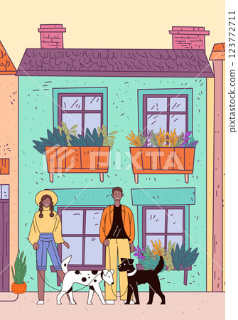 Couple walking dogs urban setting friendship. Two people with dogs in front of colorful house with plants and windows. Bright colors outdoor scene 123772711