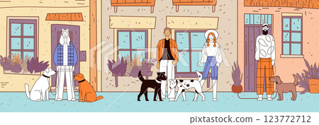 People with dogs outdoor community scene colorful houses plants casual attire urban setting friendship concept People with dogs outdoor community scene colorful houses plants casual attire urban setting friendship concept 123772712