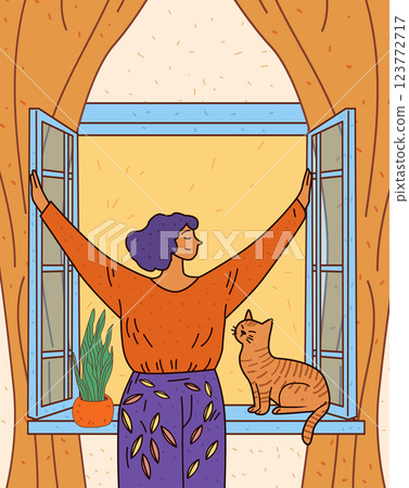 Woman opening window with cat togetherness concept cozy home scene vibrant colors plant curtains decorative design 123772717