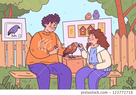 People bonding with bird nature interaction colorful outdoor scene with two individuals sitting on a bench petting a bird surrounded by trees and artwork 123772718