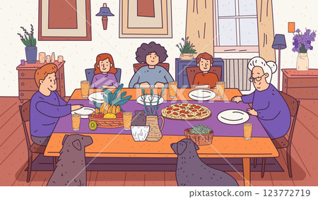 Family dinner gathering cozy home setting. People seated around a table with pizza fruits drinks dogs nearby warm colors interior decor. Perfect for website design Family dinner gathering cozy home setting. People seated around a table with pizza fruits drinks dogs nearby warm colors interior decor. Perfect for website design 123772719