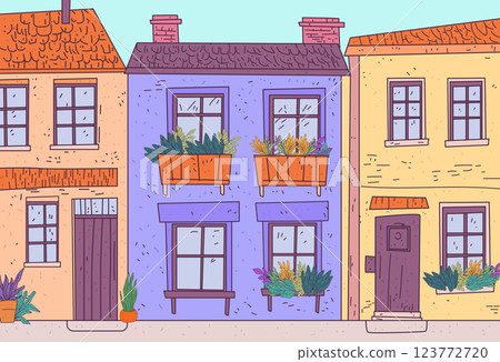 Colorful houses with plants urban neighborhood charming street scene vibrant facades potted greenery detailed architecture pastel tones website banner 123772720