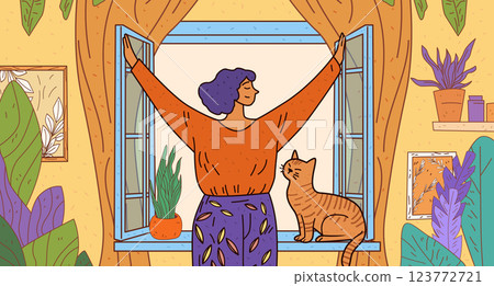 Woman enjoying morning by open window with a cat plants and colorful decor in cozy room home relaxation lifestyle Woman enjoying morning by open window with a cat plants and colorful decor in cozy room home relaxation lifestyle 123772721