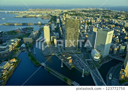 Aerial view of the Minato Mirai area from the Yokohama Landmark Tower observation deck 123772750