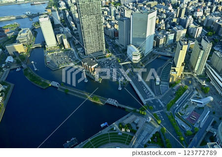 Aerial view of the Minato Mirai area from the Yokohama Landmark Tower observation deck Aerial view of the Minato Mirai area from the Yokohama Landmark Tower observation deck 123772789